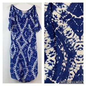 Rebecca Taylor silk batik print cold shoulder gathered waist short dress pockets